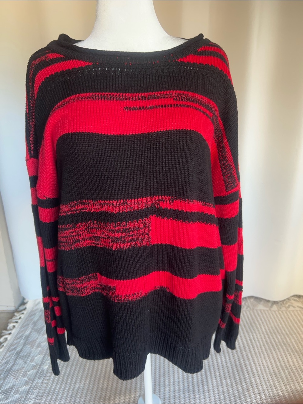 Jones New York Black and Red Striped Knit Crewneck Sweater